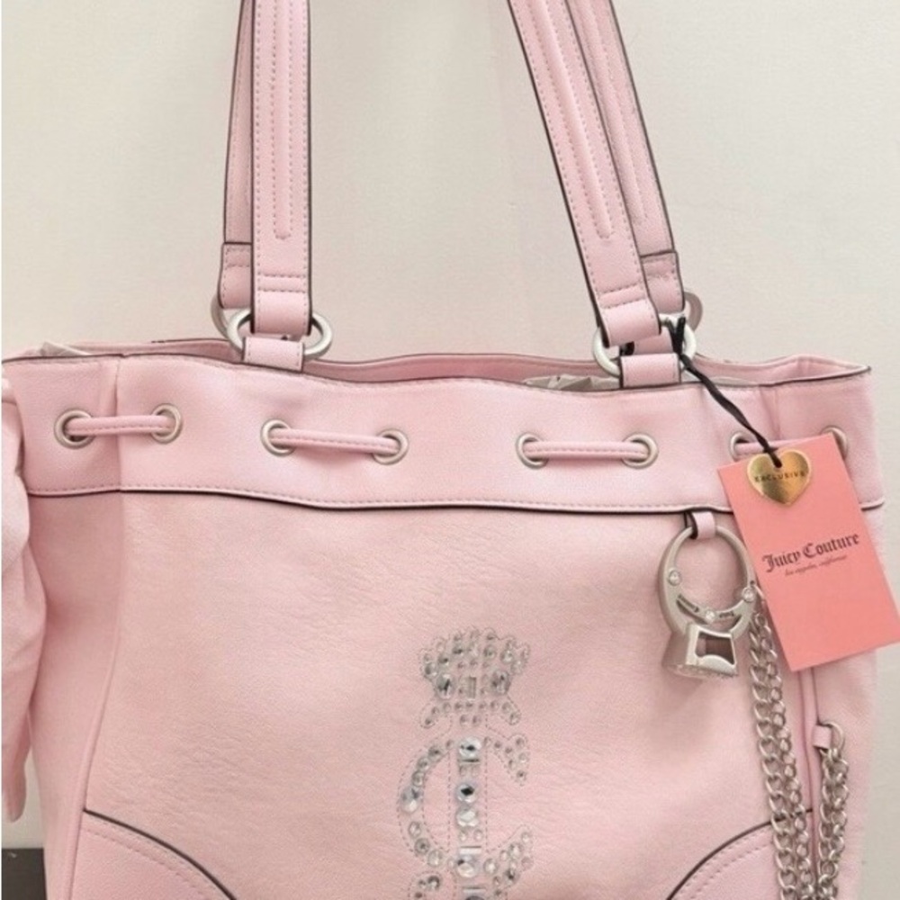 New Juicy Couture Chiffon Pink Crown Daydreamer Tote with Rhinestones